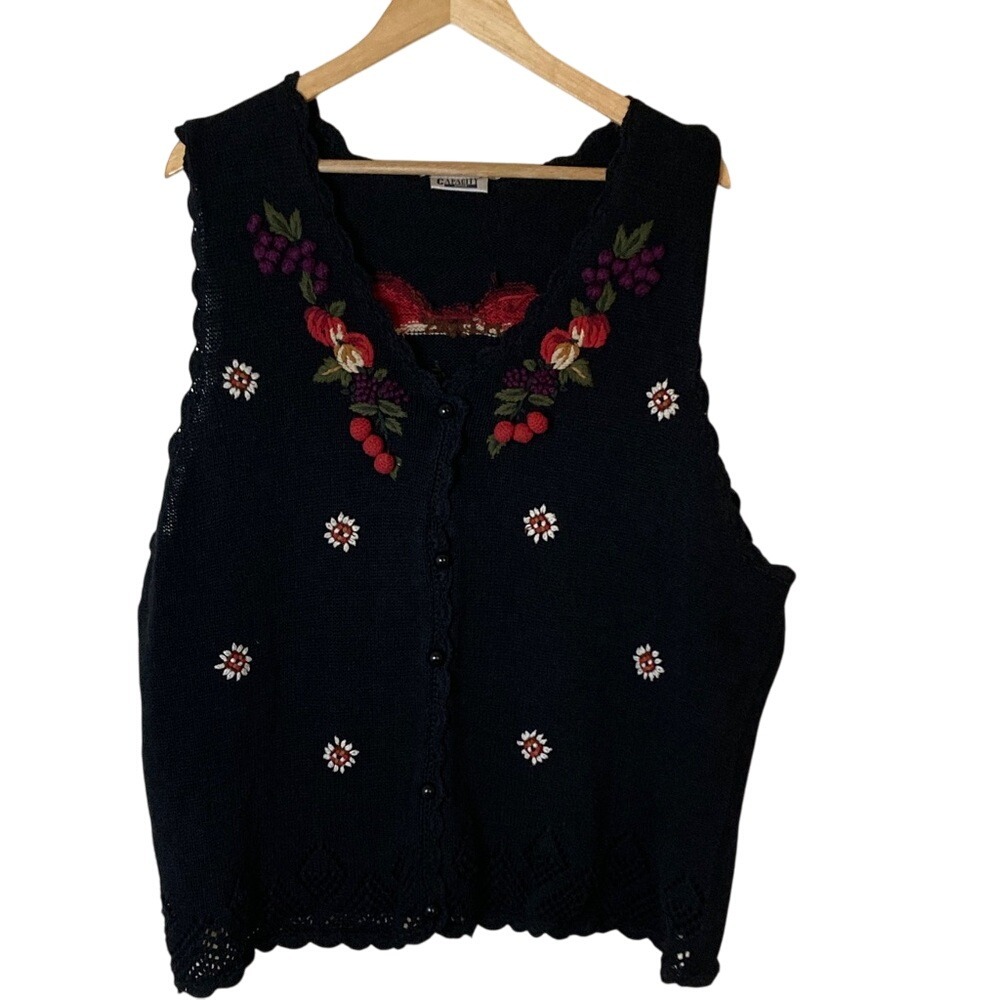 VTG Capacity Black Multi Knit Vest Floral Fruit Basket Embroidery Size XL